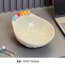 陶瓷果盤家用附水果叉, 1個, 奶白陶瓷果盤+多巴胺不鏽鋼水果叉*6