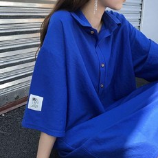 法式復古寬鬆顯瘦POLO領連衣裙, 藍色,2XL 70.0-95.0公斤, 藍色