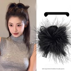 [세련된 스타일] 블랙 왕리본 헤어클립 반묶음 머리핀, M 브라운 망사 깃털 집게핀