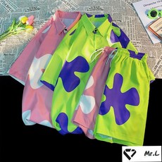 羅小虎 夏威夷冰絲套裝男 夏季速乾海灘襯衫 大尺碼花短褲 薄款清涼印花 海邊度假寬鬆百搭套裝, PDX襯衫-粉色,2XL建議63-72kg