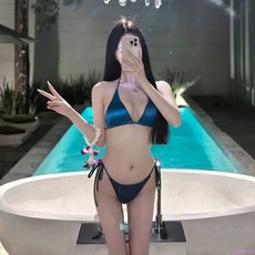 比基尼泳衣 顯瘦泳衣 兩件式泳衣 性感泳衣 分體泳衣 歐美ins風性感緞面比基尼三點式海邊度假泡湯溫泉泳裝, 黑色,S