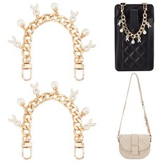 2개 알루미늄 커브 체인 가방 스트랩 합금 에나멜 인식 리본 및 레진 모조 진주 참 장식 미스티 로즈 색상 20cm, 금색