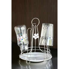 台灣製造 304不鏽鋼圓形杯架 含水盤 奶瓶架 廚房置物架 瀝水架 不銹鋼收納架, 1個, 美耐皿底盤款, 不鏽鋼色