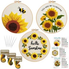 Nuberlic 성인 초보자를 위한 귀여운 고양이 자수 키트 3세트 스탬프 십자수 스타터 키트 니들포인트 천 후프 바늘 실 및 설명서(한글이 아닐 수 있음) 포함, 해바라기