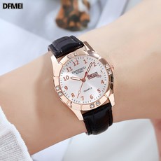 DFMEI 韓版時尚女生手錶學生雙日曆水鑽皮帶石英錶女士