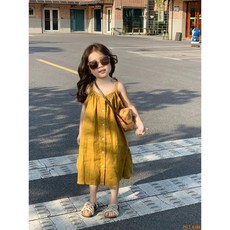 Hi！Kids韓國童裝2024夏季新款兒童黃色吊帶連衣裙女童度假風沙灘背心裙子