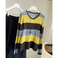 체인지쉬(change she) 여성 라운드넥 빈티지 배색 단가라 나른한 니트 가디건 티셔츠