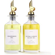프리미엄 유리 오일병 2종 세트 350ml 주방용 식초 간장 디스펜서 푸어러 포함 소스병 양념통 시럽 공병 오일통 조리 도구, 350ml, Set of 2, Gold