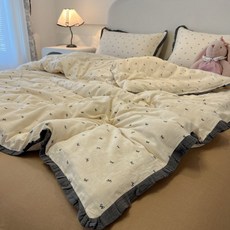 妃雪森 純棉四件套，雙層宿舍三件套, 1個, 法式花邊-蝴蝶結米,.2m牀單款三件套-被套150*200