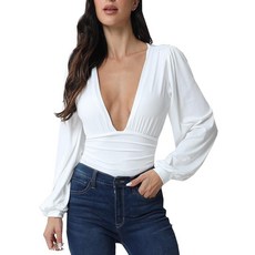 Weigou 여성용 점프수트 긴소매 브이넥 플리츠 루즈 바디수트 상의 여성용 레오타드 셔츠 화이트(1)