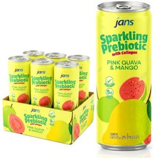 Jans 콜라겐 소다 음료가 함유된 스파클링 프리바이오틱스 — 핑크 구아바 및 망고 240ml(8.4온스) (6팩) - 저칼로리 설탕 무첨가 GMO 프리 스파클링 과일 음료, Jans 콜라겐 소다 음료가 함유된 스파클링 프리바이오, 240ml