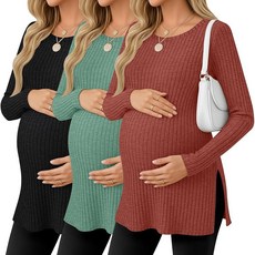 Ficerd 3팩 여성용 임산부 셔츠 긴소매 골지 임산부 스웨터 스쿱넥 슬릿 사이드 니트 티 엄마 의류 블랙 에메랄드 그린 브릭 레드 XL