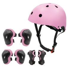 兒童自行車安全帽護具套裝，粉色全套防護，護膝護肘護腕，滑板車平衡車適用, 粉色, 1套