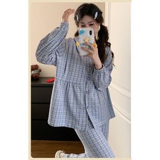 임산부 잠옷 상하의 세트 봄 가을 임부용 체크 긴팔 긴바지 파자마 세트 편안한 루즈핏 홈웨어 JS