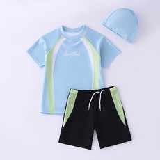 엘바리스 키즈 그린 배색 반팔 래쉬가드 투피스 세트