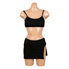 [비치팜]핑크링 슬릿 3피스 비키니 비치웨어 랩스커트 세트, 블랙