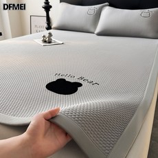 DFMEI 高端冰絲涼蓆三件套刺繡涼感PE冰豆豆空調席可機洗宿舍單人軟席子, 八寶熊-灰【A類絲滑親膚-可機洗】