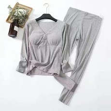 가을 겨울 임산부 내복 상하의 세트 브이넥 홈웨어 세트 탈착식 패드 면 소재 편안한 스트라이프 디자인 YLP
