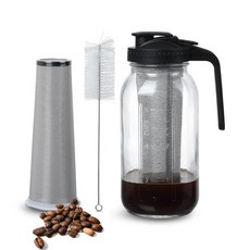 콜드 브루 커피 메이커 피처 1.9L(64온스) 유리 넓은 입구 메이슨 병 스테인리스 스틸 필터 및 푸어 스파우트 핸들 뚜껑 포함 (블랙 1.9L(64온스)139528