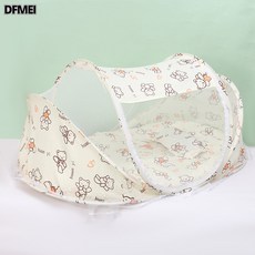 DFMEI 嬰童蚊帳寶寶摺疊蚊帳兒童免安裝小熊帶棉墊枕頭蚊帳牀三件套, 1個, 米色:110*65*60