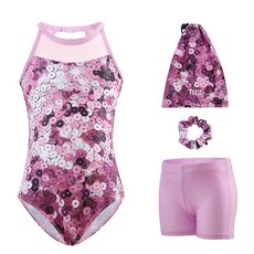 발레복 체조 민소매 유니폼 의상을 걸스 메시 티스티 반바지와 레오타드 연습용 스크런치 의상 입은
