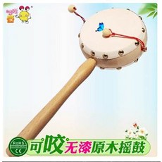 無漆原木搖鼓 可咬 兒童玩具, 原木波浪鼓牛皮嬰兒手搖鼓木質玩具初生兒童貨郎鼓木製幼兒小鼓, 1個