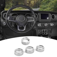 PDKLIN 지프 JL AC/라디오/헤드라이트 손잡이 커버 트림 링 지프 랭글러 JL JLU 글래디에이터 JT 2018-2024용 그린 인테리어 액세서리 4개, 실버