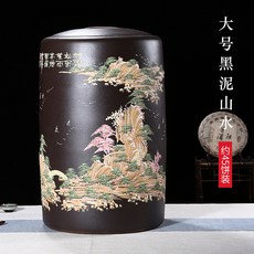 紫來順大容量30斤裝紫砂茶葉罐 大號陶瓷茶罐子茶具4375茶餅, 4375黑泥山水-大號, 1個