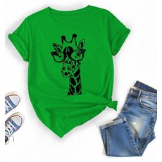 여성용 귀여운 기린 동물 프린트 티셔츠 반팔 캐주얼 셔츠 (미국 알파 라지 레귤러 레귤러 색상 A), 색상 B