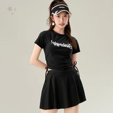 여성 상하의 분리형 물놀이복 검정 상의 치마 하의 조합 허리 조임끈 가슴 글자, 상세페이지 참조