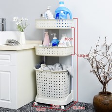 日式浴室臟衣服收納籃傢用帶滑輪大號厠所衛生間置物架, 白色,3層