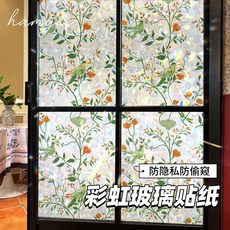 復古花卉彩虹靜電玻璃貼膜 衛生間臥室防走光隱私窗花 透光不透明, 花鳥枝蔓-【防窺款】遇光炫彩/靜電貼,寬10*長10【CM】