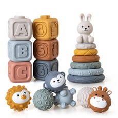 嬰幼兒益智積木認知浮雕方塊軟積木疊疊樂搪膠軟膠積木玩具, 白兔方塊疊疊樂手感球套裝（19PCS13, 1個