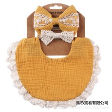 跨境新款寶寶棉圍兜兒童蕾絲蝴蝶結頭帶嬰兒皺布棉防污口水巾套裝