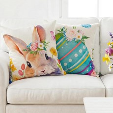 Fengek 부활절 베개 커버 2개 45.7x45.7cm(18x18인치) - 수채화 토끼 & 달걀 커버 소파용 리넨 장식 장식용 쿠션 가정용 장식 실내/실외 봄 소파