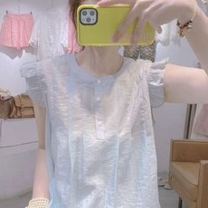 夏季新款 少女感甜美 飛飛袖襯衣女 娃娃衫, 藍色, 5XL 建議165-180斤, 1個