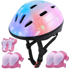 Lamsion 키즈 헬멧 여아 무릎 패드 포함 에블로 가드 스케이팅 스케이트보드 자전거 라이딩 스쿠터 롤러 스케이트용 여아용 헬멧, 멀티컬러