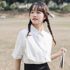短袖襯衫 女 白色寬鬆學生刺繡小熊襯衣