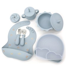 이유식 유아식기 세트 - 흡착 식판 + 흡착볼 + 수저 세트 + 물컵(빨대 스낵컵 포함) + 턱받이, 햇님 블루, 1개, 부들부들 이유식기