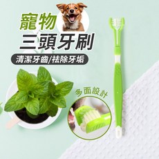 【三頭寵物牙刷】狗狗口腔清潔神器 360度刷毛 輕鬆潔牙 牙齒保健, 1個, 草綠色三頭牙刷, 14g