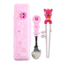 Pinkfong 兒童餐具組 湯匙 學習筷 寶寶餐具組, 粉色系, 1套, 右手學習筷.湯匙.餐具盒