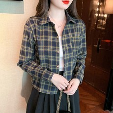 여성용 가을 겨울 빅사이즈 숏 남방 루즈핏 긴팔 체크 셔츠