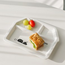 귀여운 3구 도자기 식판 어린이집 아기 3칸 나눔접시, 1개, 화이트 (코끼리)