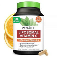 Zenwise Health 향상된 흡수 리포솜 비타민 C 보충제 - 면역 지원 항산화 및 천연 에너지 부스트를 위한 1500mg VIT 유기농 글루텐 프리 무향 180캡슐, 1개