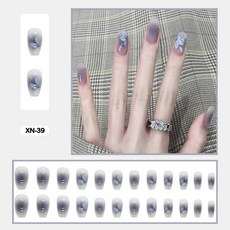 여름 요정 꽃 패턴 네일 아트 인조 손톱 접착 핑크 보라색 짧은 웨어러블 착용 도구 포함 24개, [25] XN-39