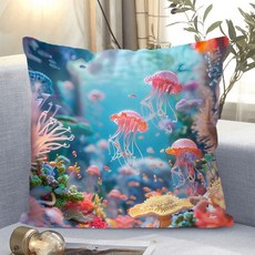 다용도 안락한 소파쿠션 양면 소파 쿠션 솜 포함 세탁가능 고탄력 선물용 안락쿠션 사무실 편의용 안락쿠션 트렌디한 스타일, 해파리-2, 40 x 40CM (솜포함 양면쿠션)