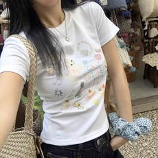 귀여운 고양이 디자인의 여성용 반팔 티셔츠 여름 정숄더 숏탑