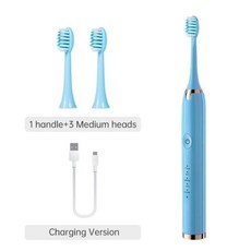 Tongwode 전기 음파 칫솔 USB 충전식 방수 전자 초음파 미백 칫솔 교체 헤드, 1개, 2) Blue With 3 Heads, 3)Blue With 3 Heads