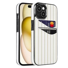 Obbii 아이폰 15 6.1인치/16 프로 맥스 6.9인치 케이스 카드 홀더 포함 부드러운 가죽 지갑 보호 충격 방지 하드 커버 여성 남성용 (베이지 스트라이프 라인 13/