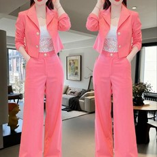 해피유통 여성 봄여름 패셔너블 정장 세트 신축성 소재 반팔 자켓과 하이웨이스트 와이드 팬츠bhf